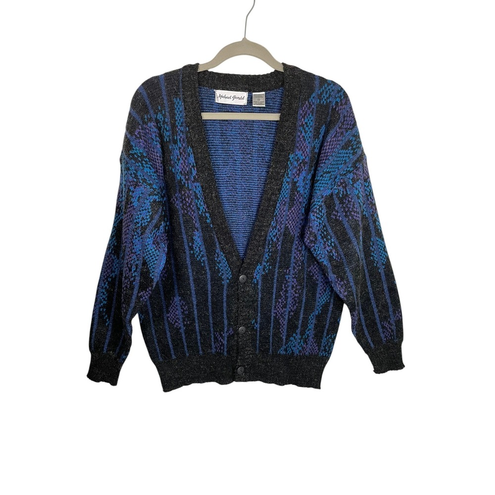 Vintage Michael Gerald Mens Cardigan Medium Blue Purple Black Abstract Knit 80s